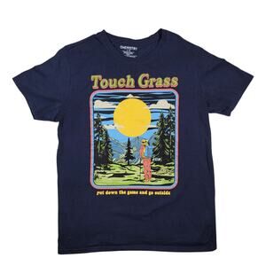 Touch Grass Graphic T Shirt Mens L Navy Gamer Meme Outdoor Hiking Funny Tee